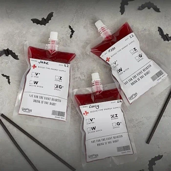 Halloween Blodprøve drikkepose med sugerør, 5 stk. drinks
