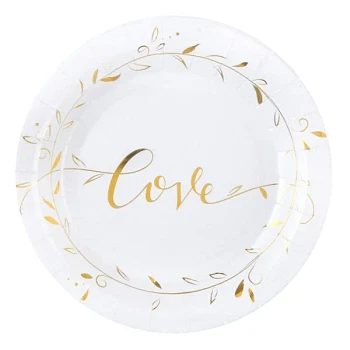 Paptallerken Love hvid/guld 23cm, 10 stk. festartikler