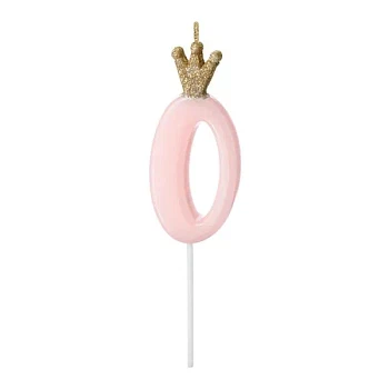 Fødselsdagslys Prinsessekrone tal 0 lyserød/guld 9,5cm lagkagelys