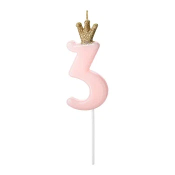 Fødselsdagslys Prinsessekrone tal 3 lyserød/guld 9,5cm lagkagelys