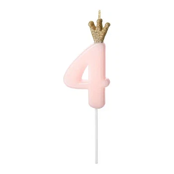 Fødselsdagslys Prinsessekrone tal 4 lyserød/guld 9,5cm lagkagelys