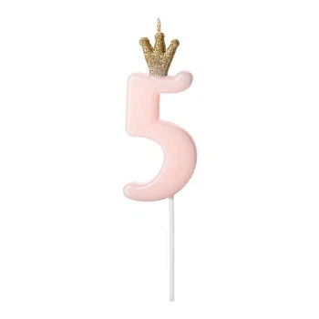 Fødselsdagslys Prinsessekrone tal 5 lyserød/guld 9,5cm lagkagelys