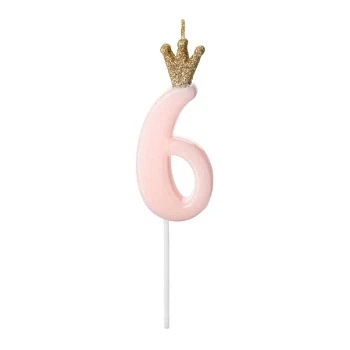 Fødselsdagslys Prinsessekrone tal 6 lyserød/guld 9,5cm lagkagelys