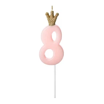 Fødselsdagslys Prinsessekrone tal 8 lyserød/guld 9,5cm lagkagelys