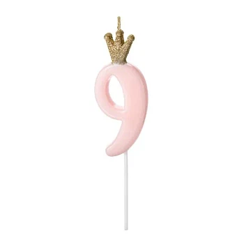 Fødselsdagslys Prinsessekrone tal 9 lyserød/guld 9,5cm lagkagelys