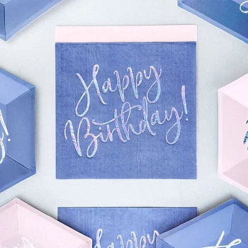 Servietter Happy Birthday blå/sølv 33cm x 33cm, 20 stk. festartikler