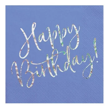 Servietter Happy Birthday blå/sølv 33cm x 33cm, 20 stk. festartikler
