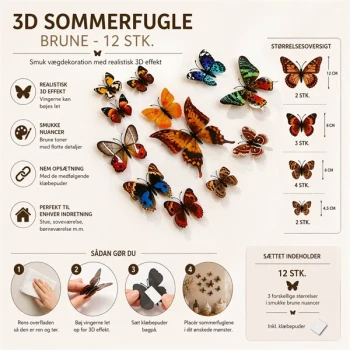 3D sommerfugle brune 12 stk infografik med størrelser og opsætning til vægdekoration