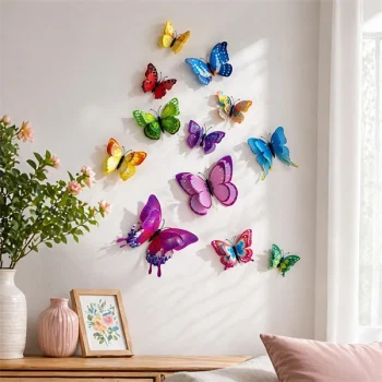 3D sommerfugle farvemix med dobbeltvinger som farverig vægdekoration i moderne boligindretning