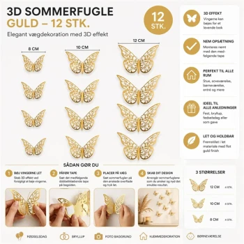 3D sommerfugle guld 12 stk infografik med størrelser opsætning guide og vægdekoration inspiration