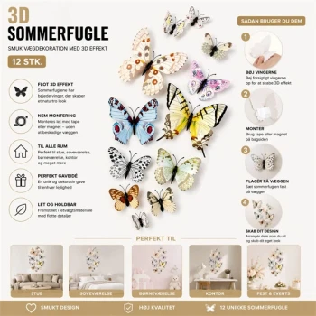 3D sommerfugle hvide 12 stk infografik med guide til opsætning og vægdekoration