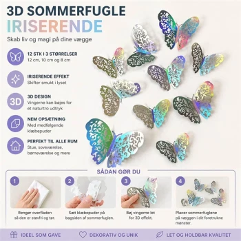 3D sommerfugle iriserende 12 stk infografik med mål, opsætning og 3D vægdekoration