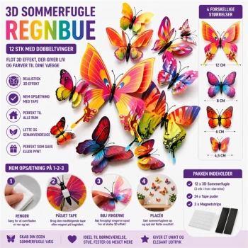 3D sommerfugle regnbue 12 stk med dobbeltvinger – infografik med størrelser og opsætning