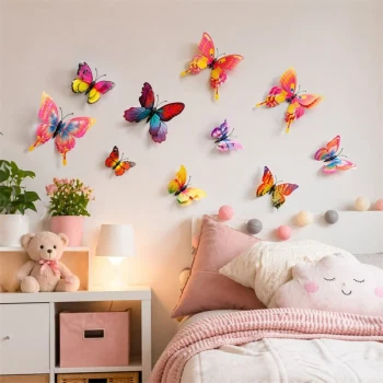 3D sommerfugle regnbue som vægdekoration i børneværelse med farverige wallstickers og 3D effekt