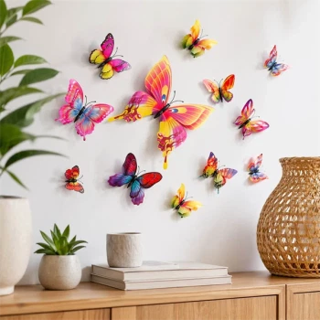 3D sommerfugle regnbue som vægdekoration i stue med realistisk 3D effekt og farverige wallstickers
