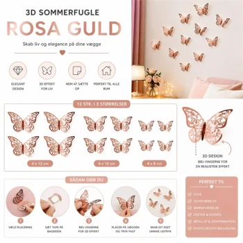 3D sommerfugle rosa guld 12 stk infografik med størrelser og montering til vægdekoration