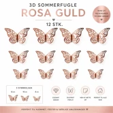 3D sommerfugle rosa guld 12 stk vægpynt i 3 størrelser med elegant design og 3D effekt
