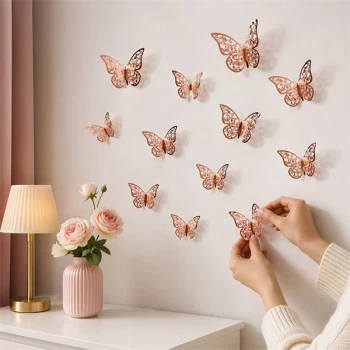 3D sommerfugle rosa guld vægpynt opsætning med hånd montering i bolig indretning