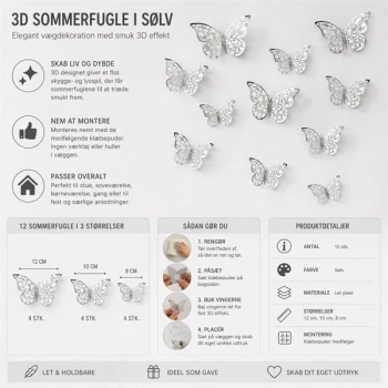 3D sommerfugle sølv 12 stk vægdekoration infografik med størrelser og montering