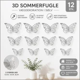 3D sommerfugle i sølv 12 stk vægdekoration med 3 størrelser og nem montering