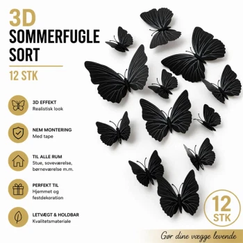 3D sorte sommerfugle wallstickers 12 stk med 3D effekt til vægdekoration og bolig pynt