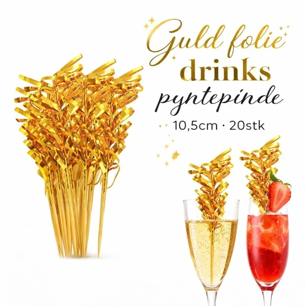 Guld folie drinks pyntepinde 10,5 cm vist i drinks og samlet som produktbillede på hvid baggrund