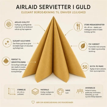 Airlaid servietter guld 40x40 cm 50 stk. til elegant borddækning