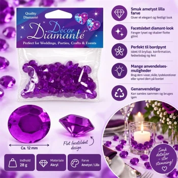 Ametyst lilla pynte diamanter 12 mm, 28 g i akryl til bordpynt og festdekoration