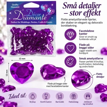 Ametyst pynte diamanter hjerter 12 mm med flade sider og facetslebne kanter