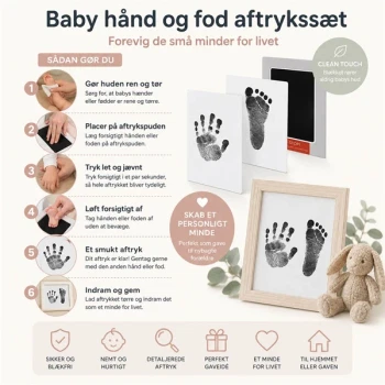 Infografik der viser hvordan man bruger et baby hånd og fod aftrykssæt med Clean Touch-teknologi til at lave sikre hånd- og fodaftryk af en nyfødt baby.