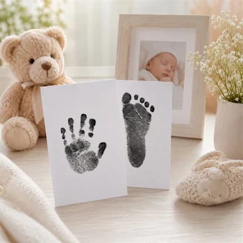 Stemningsbillede af baby hånd og fod aftrykssæt med hånd- og fodaftryk, bamse, babyfoto og babysko som et personligt minde om den første tid.