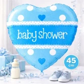 Lyseblå hjerteformet baby shower folie ballon 45 cm med babyshower tekst og baby pynt
