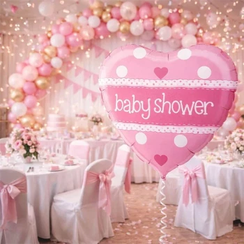 Pink baby shower festlokale med ballonbue, bordpynt og hjerteformet baby shower ballon