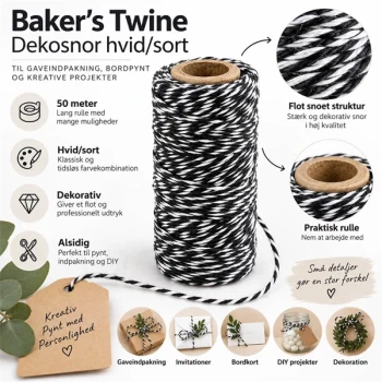 Baker\'s Twine hvid sort 50 m dekosnor til gaveindpakning og kreative projekter