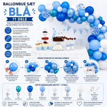 Ballonbue sæt blå 71 dele med 70 balloner og 4 meter ballonranke