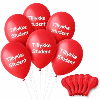 Røde balloner med teksten Tillykke Student – pakke med 10 stk til studenterfest