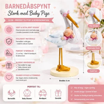Infografik af barnedåbspynt stork med baby pige 11 cm i lyserød og hvid – bordpynt til barnedåb og baby shower