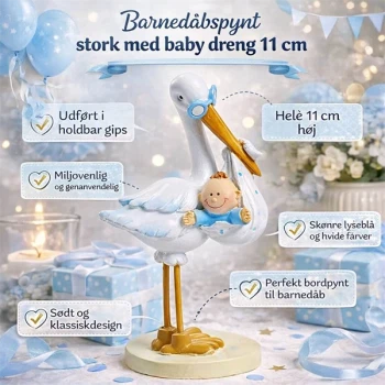Infografik af barnedåbspynt stork med baby dreng 11 cm med produktinformation og fordele