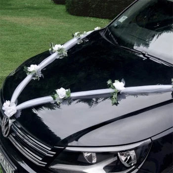 Bryllupsdekoration til bil, tyl med roser og blade 1,7m bilpynt