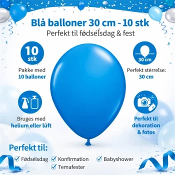Infografik med blå balloner 30 cm – 10 stk, perfekt til fødselsdag og fest.