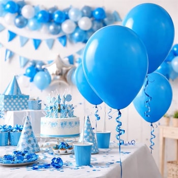 Blå balloner 30 cm til fødselsdag og fest dekoration med kage og pynt