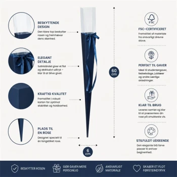 Infografik af blå roseæske 60 cm til én rose med FSC-certificering, satinbånd og mål – perfekt som studentergave.