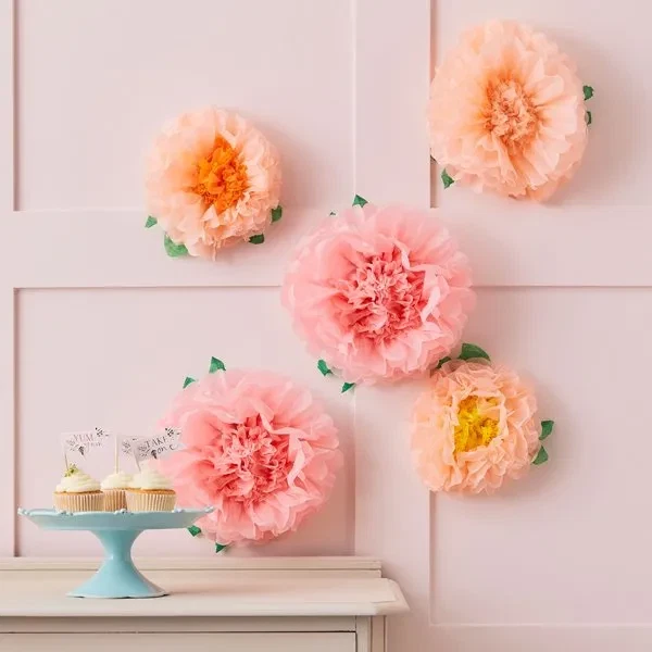 Blomster pompon pastel, 5 stk. papirblomster