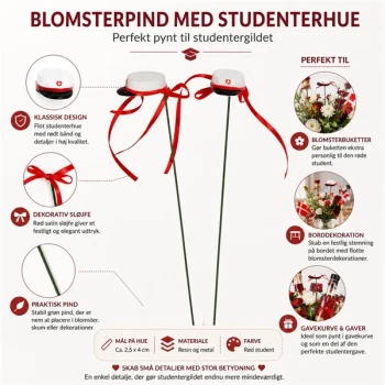 Infografik med blomsterpind med studenterhue til rød student. Dekorationspind til blomsterbuketter, borddekorationer, gavekurve og studentergilde.