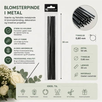 Infografik med blomsterpinde i metal 0,80 mm x 30 cm 50 stk til blomsterbinding, papirblomster, dekorationer og kreative hobbyprojekter.