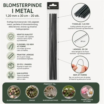Infografik af blomsterpinde i metal 1,20 mm x 30 cm med 20 stk. Kraftige og fleksible blomsterpinde til blomsterbinding, kranse, dekorationer og hobbyprojekter.