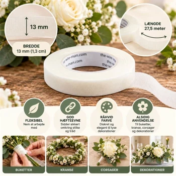 Råhvid blomstertape 13 mm x 27,5 m til buketter, kranse og dekorationer