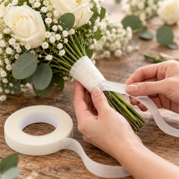 Råhvid blomstertape til blomsterbinding af buket med hvide roser