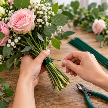 Grøn blomstertråd til blomsterbinding af buket med roser og eucalyptus