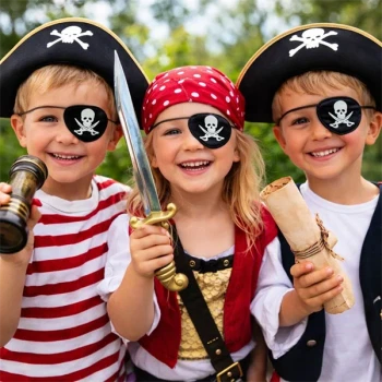 Børn klædt ud som pirater med pirat øjeklapper til børnefødselsdag og skattejagt
